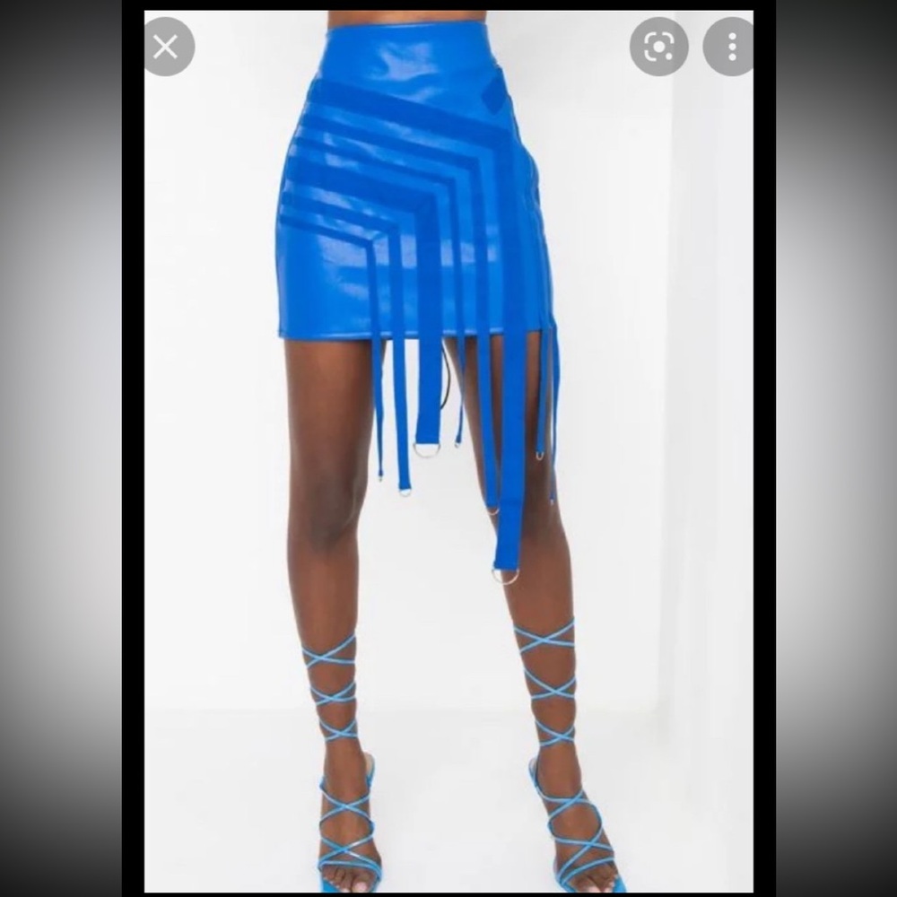 Faux leather blue mini fringe skirt
